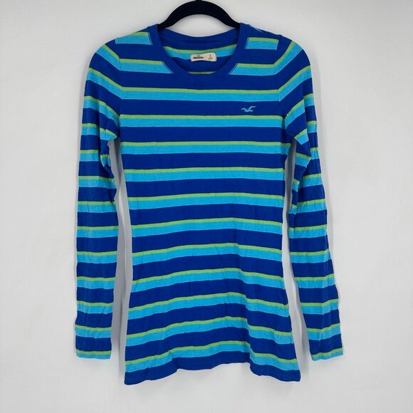 Y2K Hollister Striped Long Sleeve Shirt Blue Green Cotton Modal Top Size Small - Picture 2 of 10